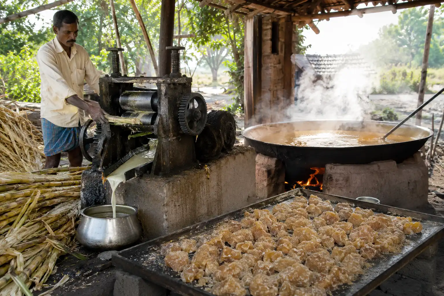 Traditional Indian sugarcane juice pressing and jaggery boiling, about how India first made sugar from cane.