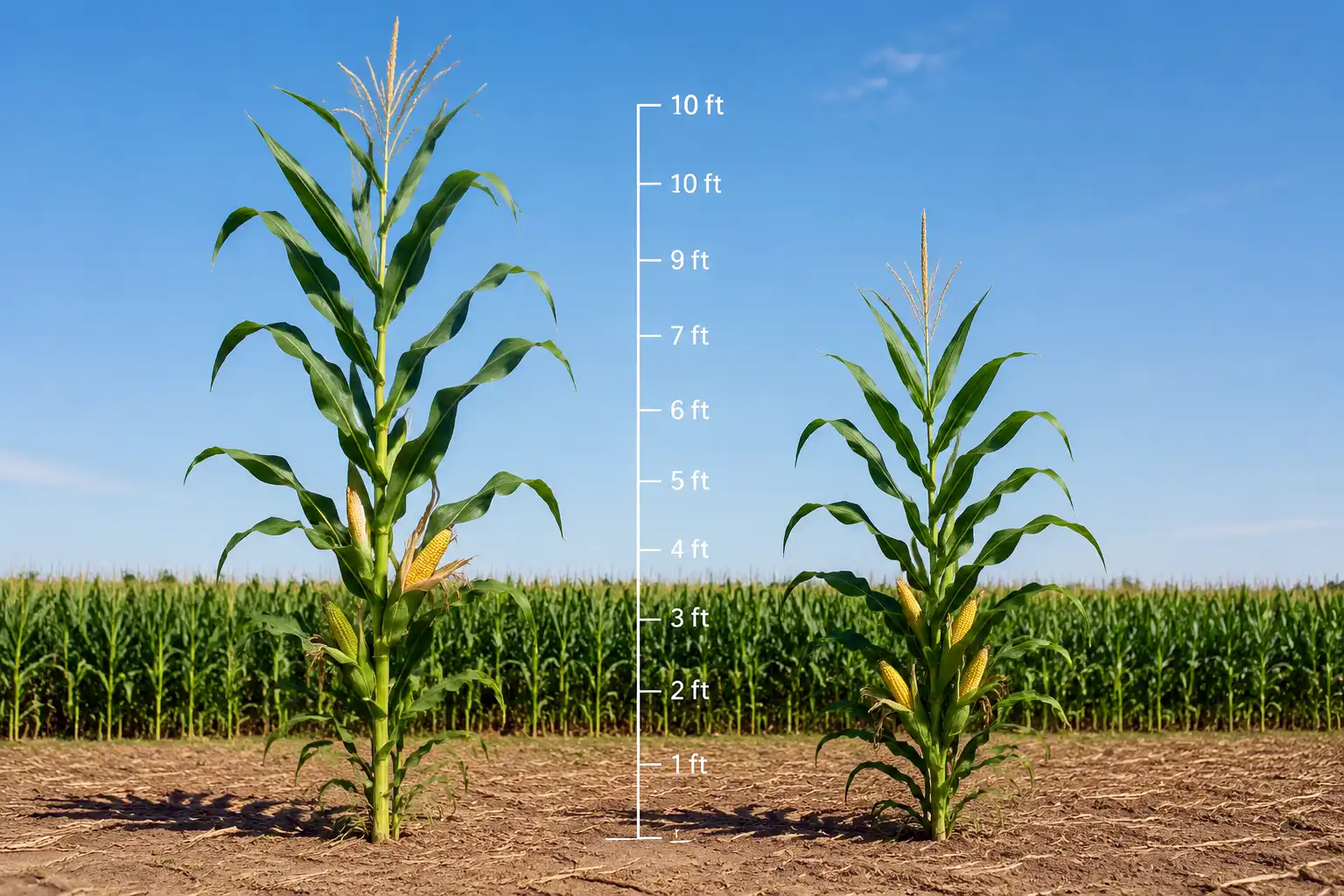 Traditional field corn near 10 feet compared to a short-stature hybrid near 7 feet in a Midwest field