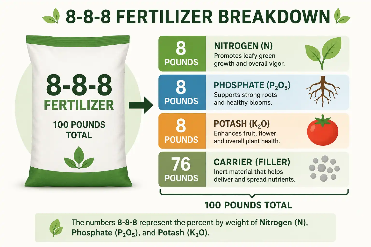 Breakdown of 8-8-8 fertilizer about 8 pounds each of nitrogen, phosphate, and potash with 76 pounds of carrier