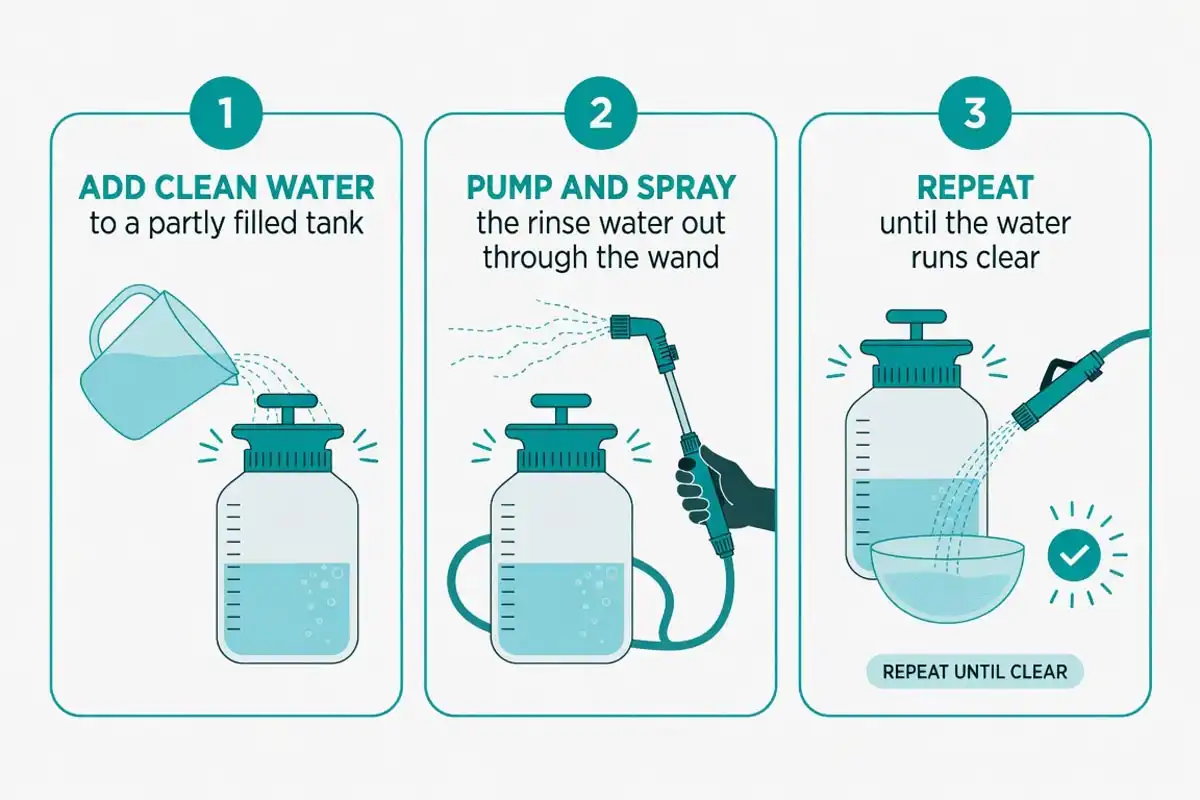 Three-step guide to triple-rinsing a handheld pump sprayer until the water runs clear
