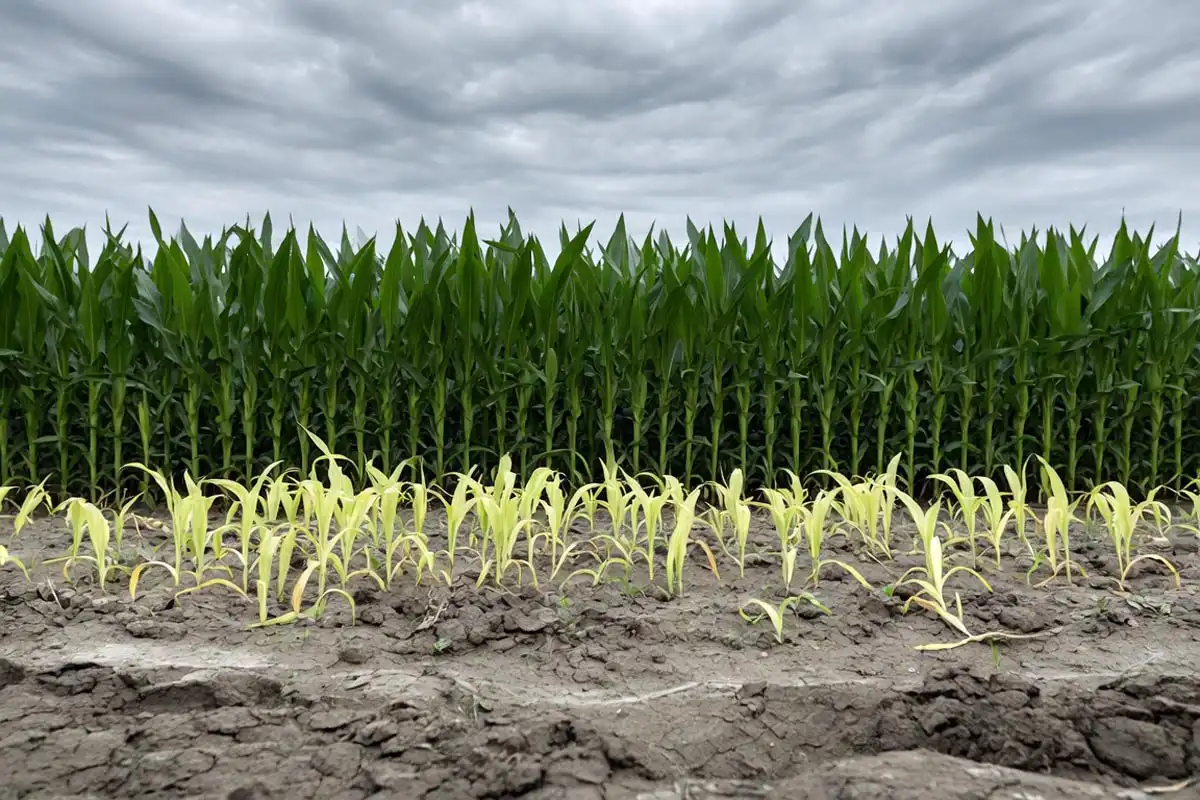 Stunted short corn from soil compaction next to taller healthy corn, showing why corn height turns uneven