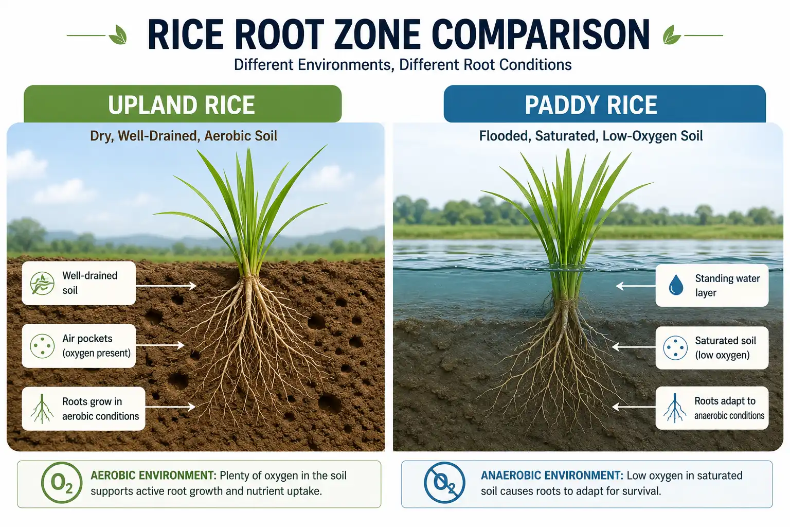Diagram comparing dry aerobic soil around upland rice roots with flooded saturated soil around paddy rice roots