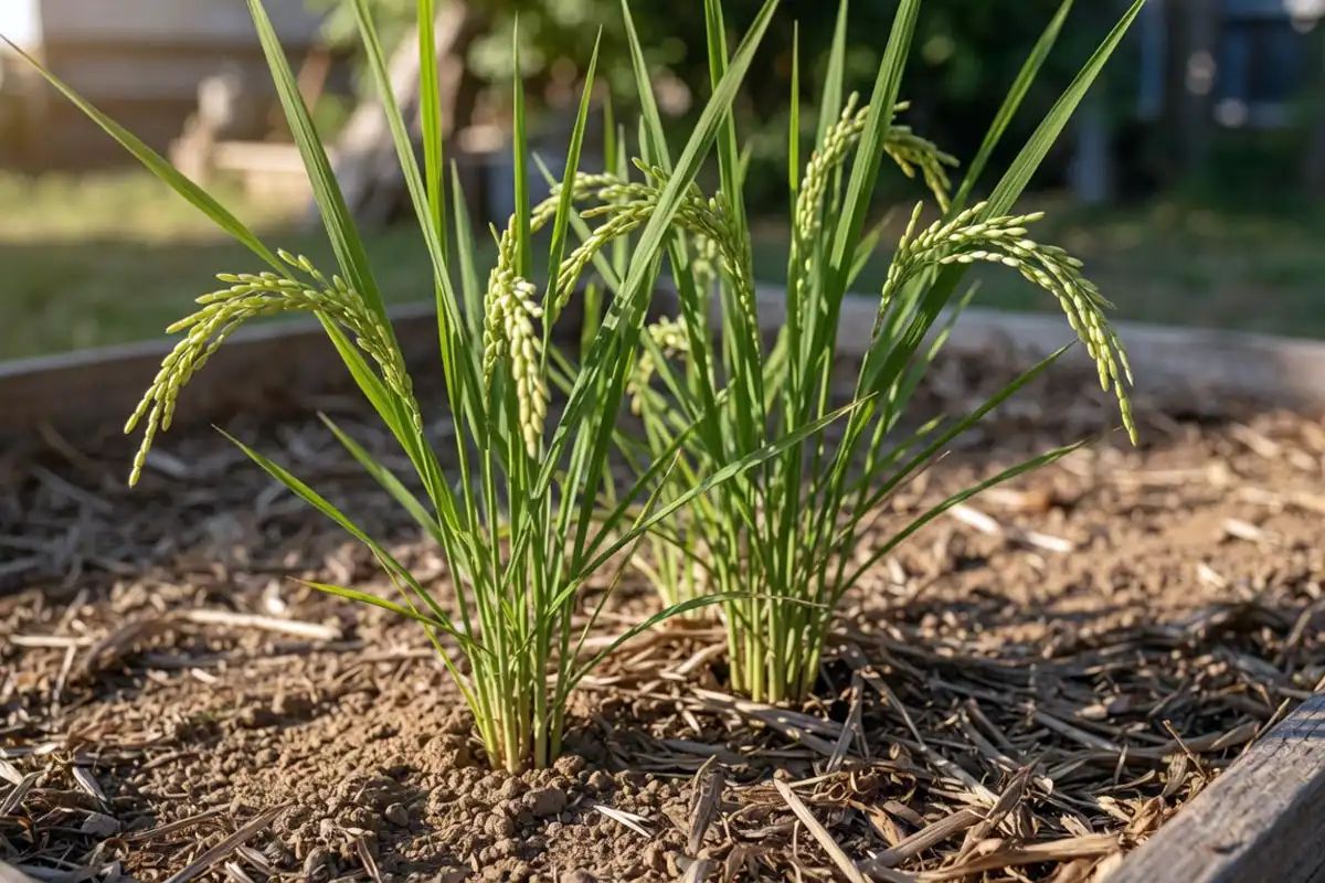 Upland rice plants growing in a dry raised garden bed with no standing water, home cultivation without a paddy