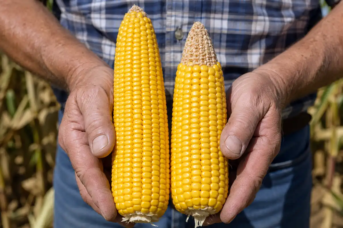 A fully filled corn ear next to a stressed ear with tip back, showing lost kernels per row.