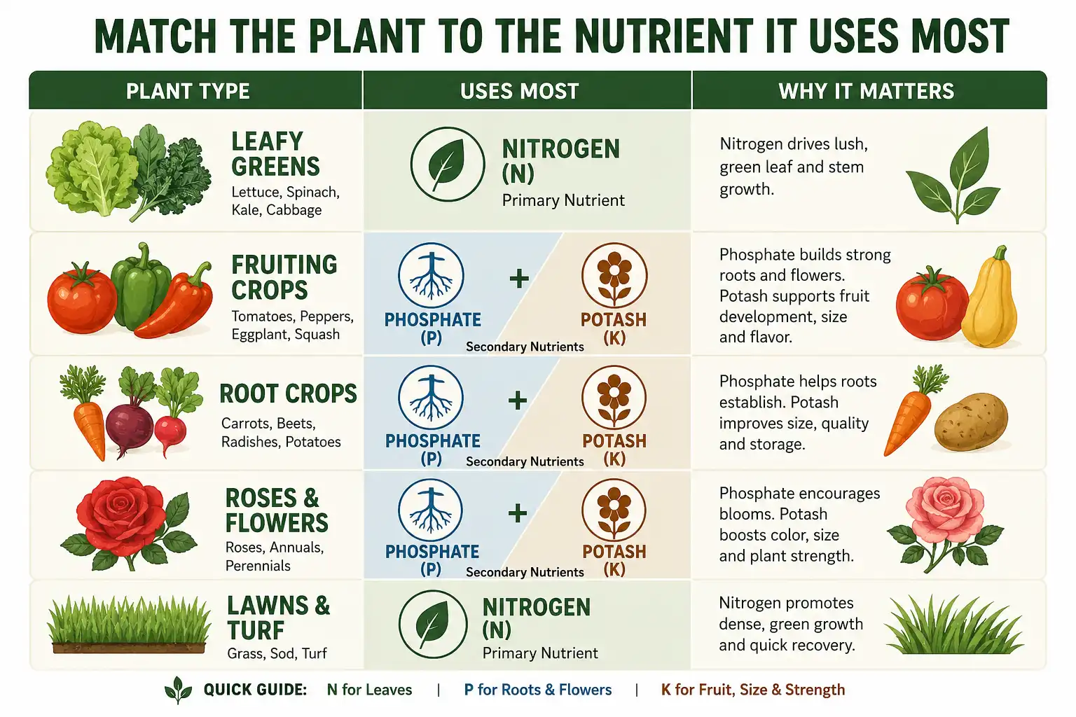 Infographic about what 10-10-10 fertilizer feeds, matching vegetables, lawns, trees, and flowers to the nutrients they use most