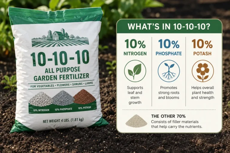 What 10-10-10 fertilizer is, with equal 10 percent bars for nitrogen, phosphate, and potash beside a fertilizer bag on soil