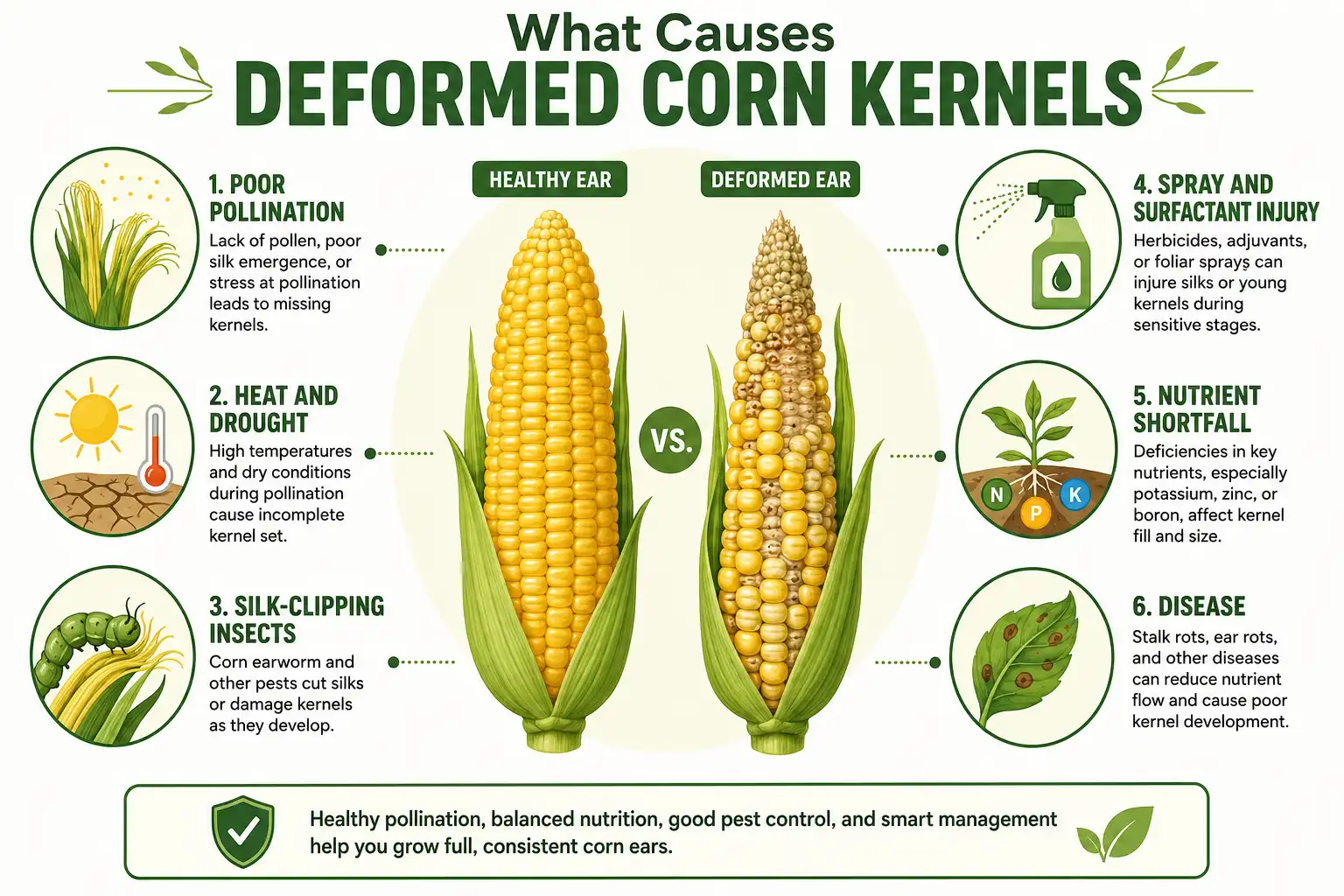 Infographic of what causes deformed corn kernels, comparing a healthy corn ear to a deformed ear with six main causes labeled