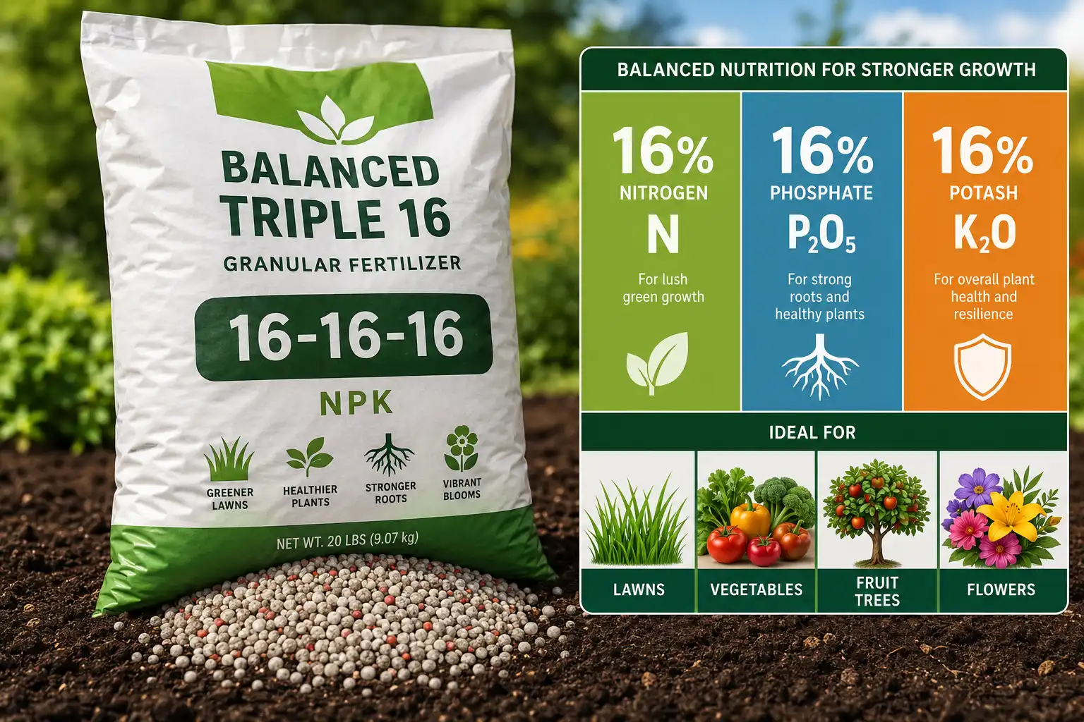 Infographic about 16 16 16 fertilizer nutrients and its uses for lawns, gardens, and fruit trees