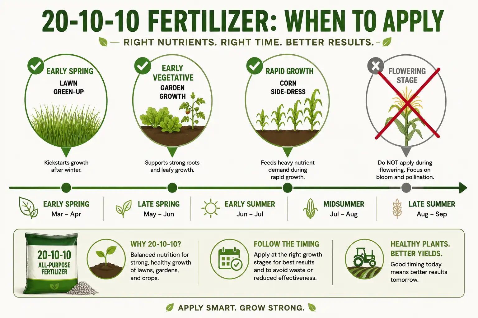 Timeline infographic of the best time to apply 20-10-10 fertilizer during spring green-up and vegetative growth, and when to avoid it