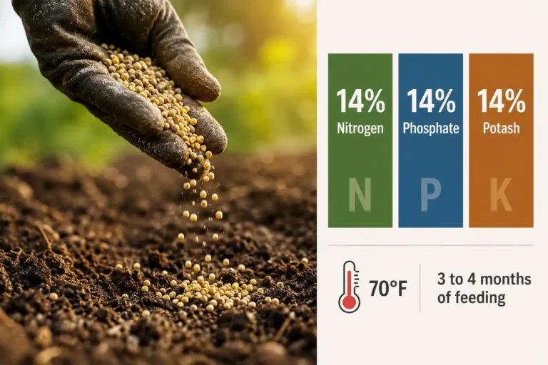 Coated 14-14-14 fertilizer prills worked into garden soil next to a chart showing 14 percent nitrogen, 14 percent phosphate and 14 percent potash releasing over three to four months.