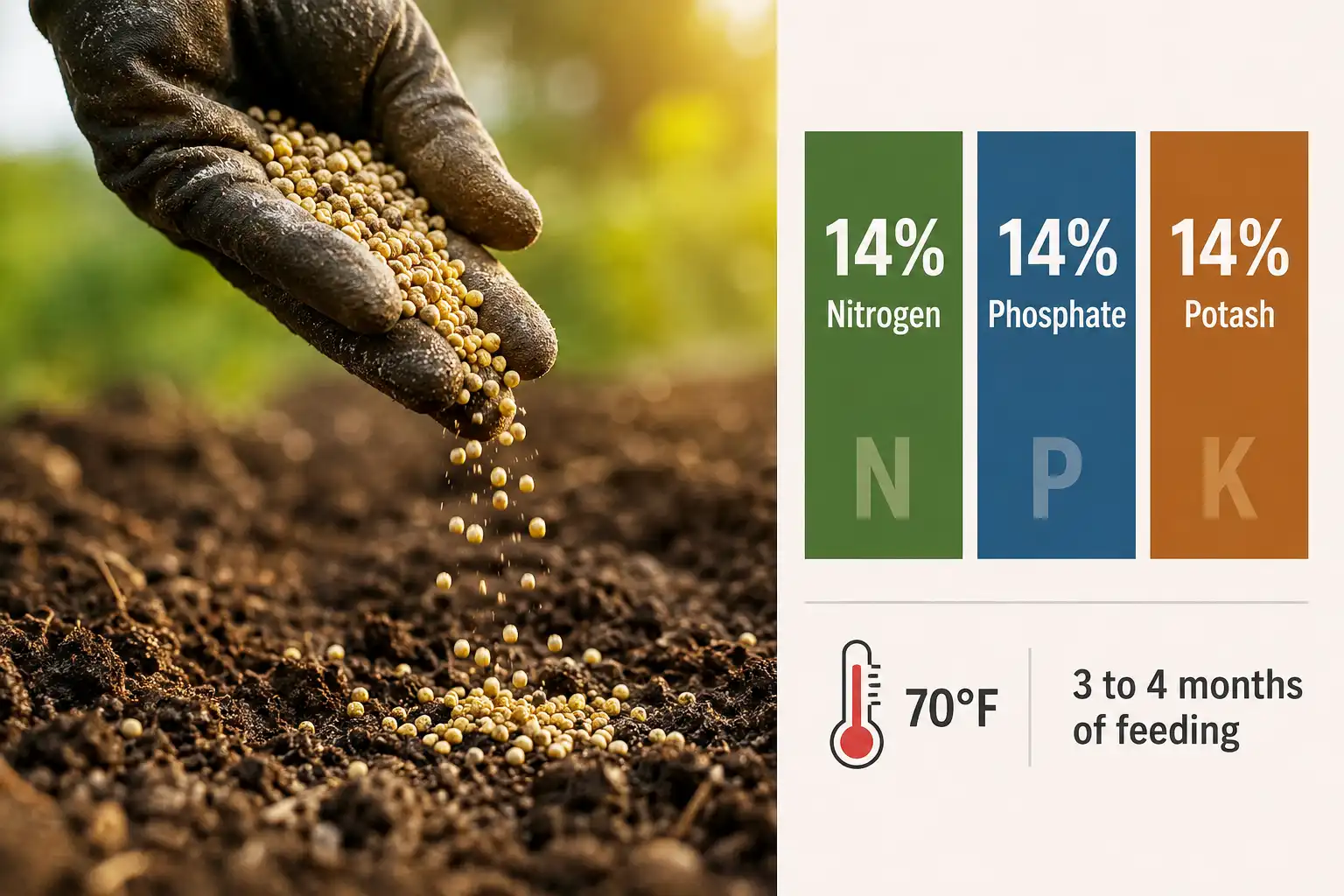 Coated 14-14-14 fertilizer prills worked into garden soil next to a chart showing 14 percent nitrogen, 14 percent phosphate and 14 percent potash releasing over three to four months.