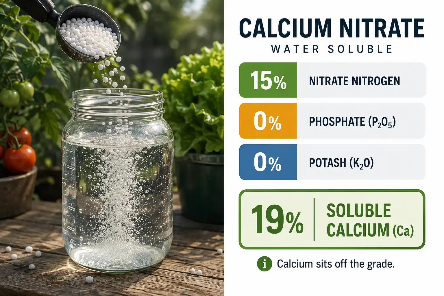 15-0-0 fertilizer is calcium nitrate, supplying roughly 15 percent nitrate nitrogen and 18 to 19 percent soluble calcium with no phosphorus or potassium