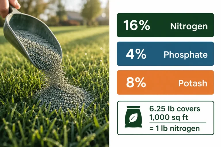 16-4-8 fertilizer supplies 16 percent nitrogen, 4 percent phosphate, and 8 percent potash, and 6.25 pounds spread over 1,000 square feet delivers one pound of nitrogen
