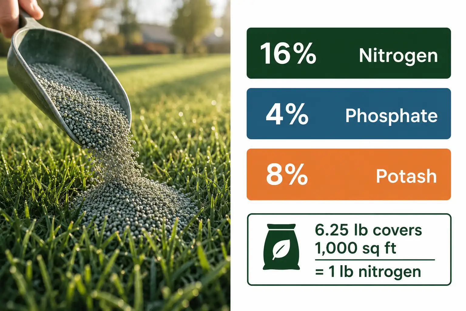 16-4-8 fertilizer supplies 16 percent nitrogen, 4 percent phosphate, and 8 percent potash, and 6.25 pounds spread over 1,000 square feet delivers one pound of nitrogen