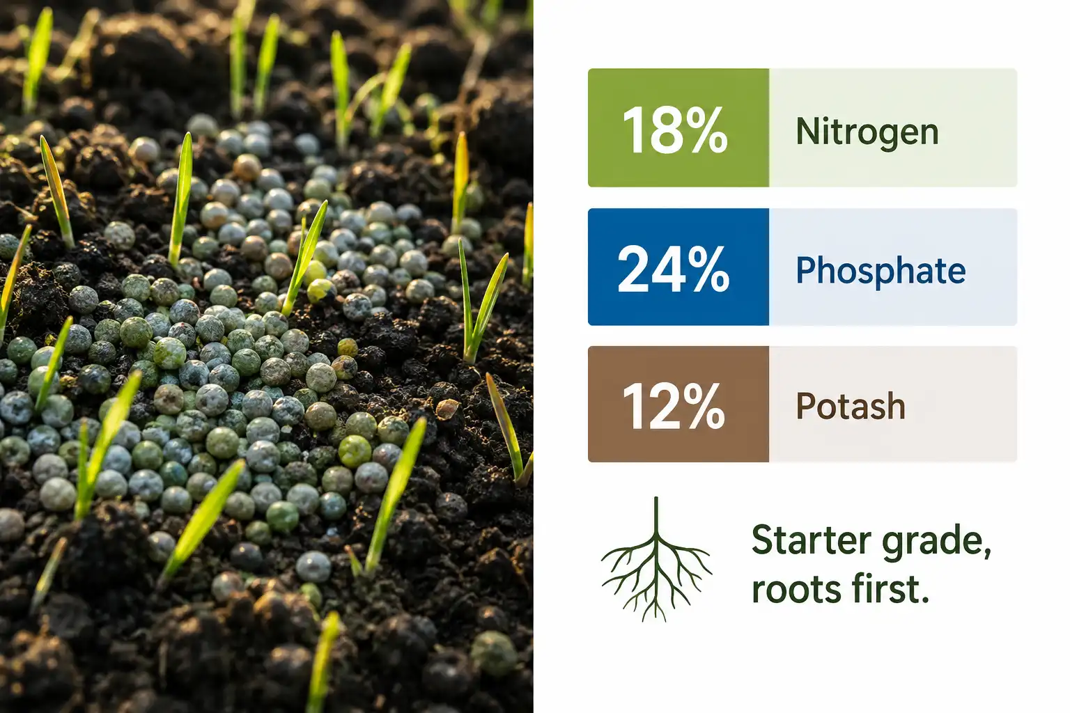 18-24-12 fertilizer is a starter grade with 18 percent nitrogen, 24 percent phosphate and 12 percent potash that drives root growth in new seedings