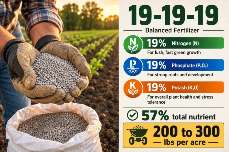 Granular 19-19-19 fertilizer beside a chart of 19 percent nitrogen, phosphate, and potash, 57 percent total nutrient, and a 200 to 300 pound per acre field rate