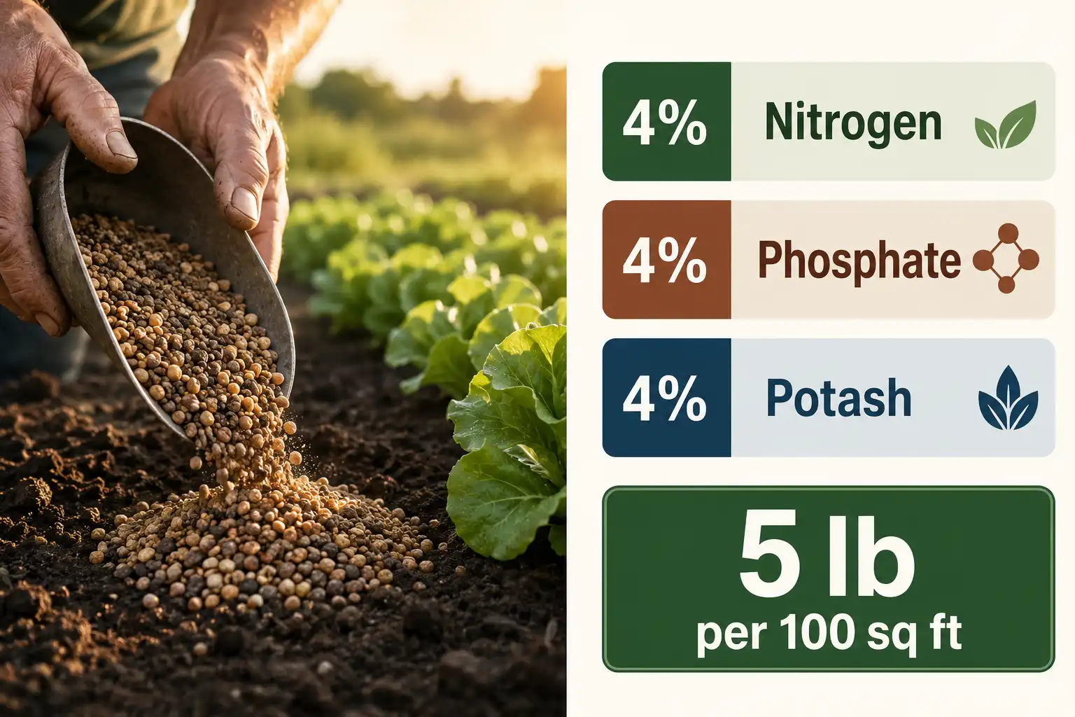 Organic granules supply 4 percent nitrogen, 4 percent phosphate and 4 percent potash, spread at about 5 pounds per 100 square feet.