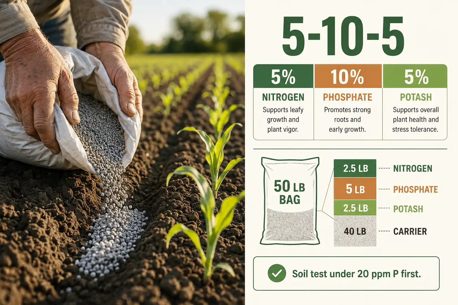 A 50 pound bag of 5-10-5 supplies 2.5 pounds nitrogen, 5 pounds phosphate, 2.5 pounds potash, and 40 pounds of carrier, best applied when a soil test reads under 20 ppm phosphorus