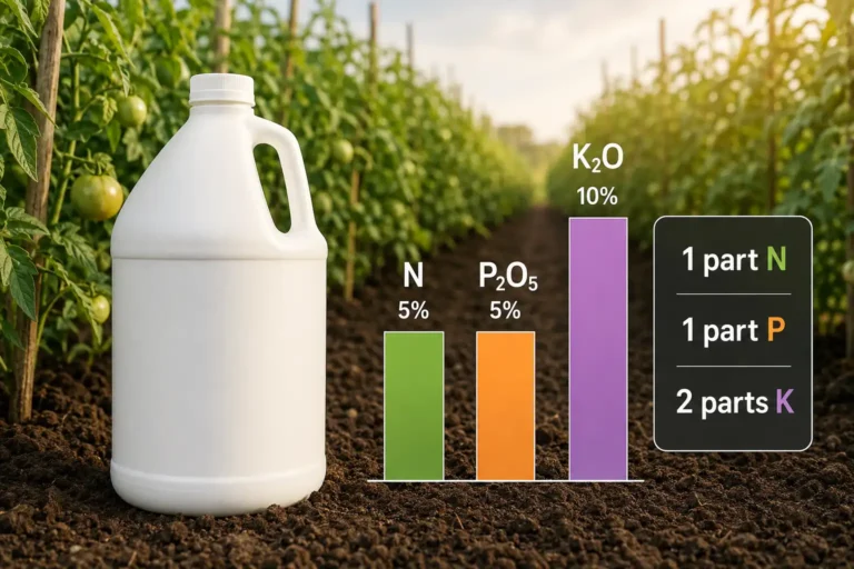 Liquid fertilizer jug beside tomato rows with a bar chart of 5 percent nitrogen, 5 percent phosphate, and 10 percent potash, twice as much potassium as nitrogen.