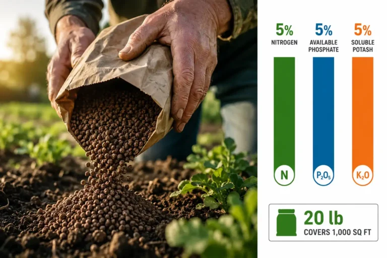 A 5-5-5 blend supplies 5 percent nitrogen, 5 percent available phosphate, and 5 percent soluble potash by weight, so 20 pounds spread over 1,000 square feet delivers one pound of nitrogen