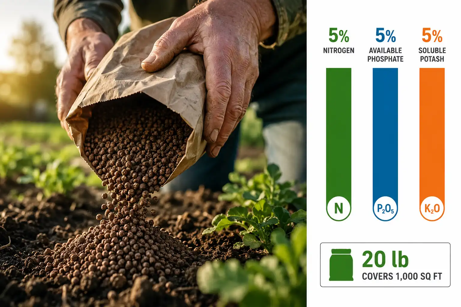 A 5-5-5 blend supplies 5 percent nitrogen, 5 percent available phosphate, and 5 percent soluble potash by weight, so 20 pounds spread over 1,000 square feet delivers one pound of nitrogen