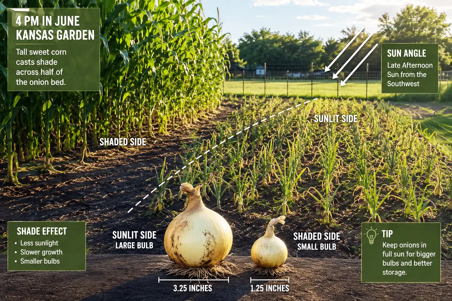 Sweet corn and other tall crops shade the onion row at bulbing time, and shaded onions size up noticeably smaller than onions in full sun