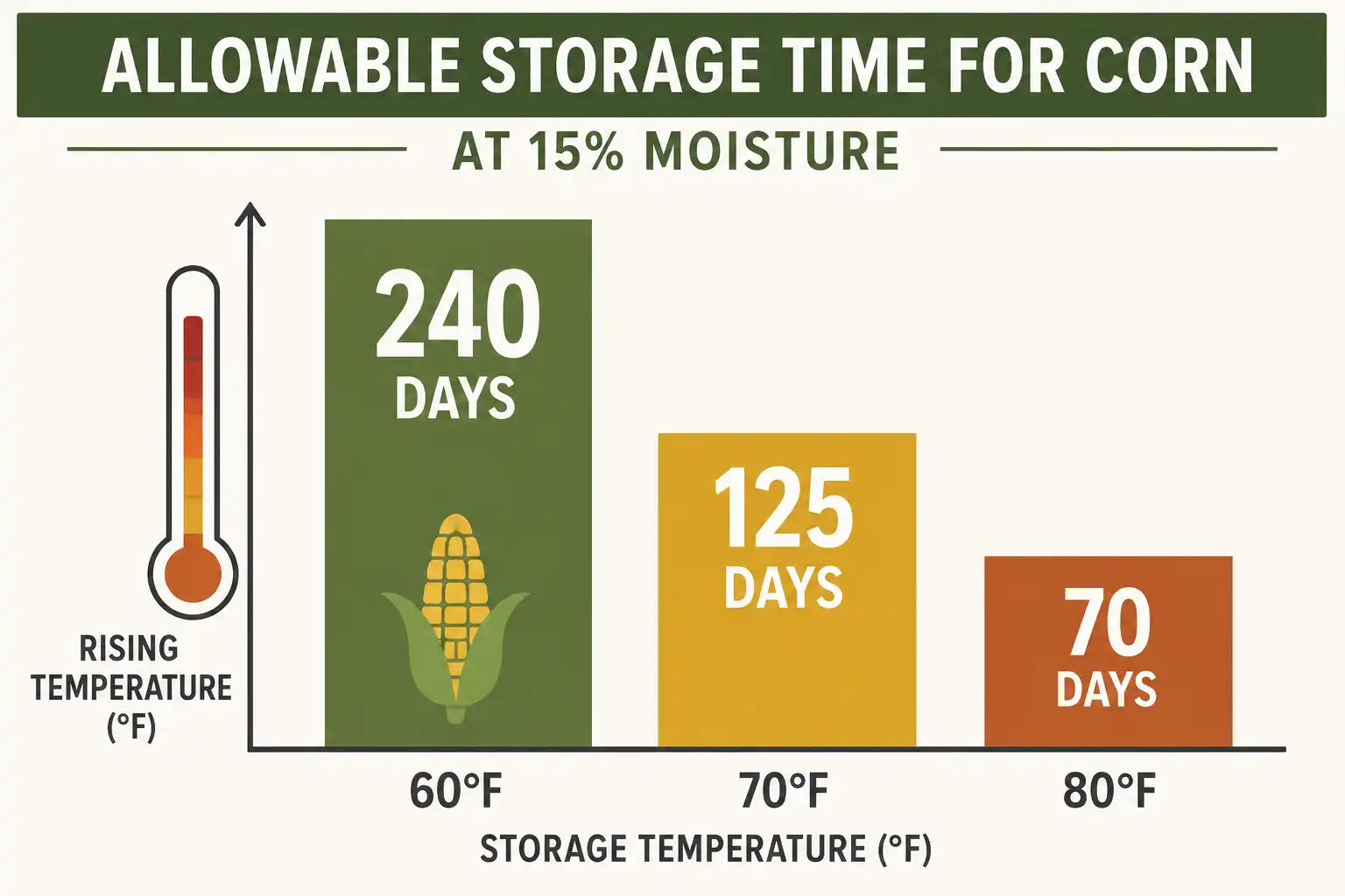 Corn at 15 percent moisture keeps about 240 days at 60 degrees, 125 days at 70 degrees, and only 70 days at 80 degrees Fahrenheit.