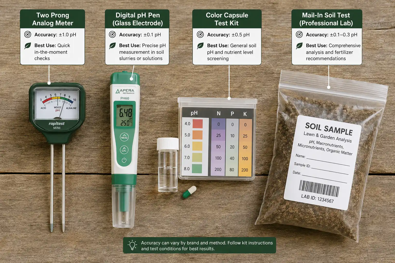 Four ways to test soil pH, an analog prong dial for trends, a digital glass electrode pen for accurate numbers, a color capsule kit for one-off checks, and a mail-in lab test for pH plus nutrients.