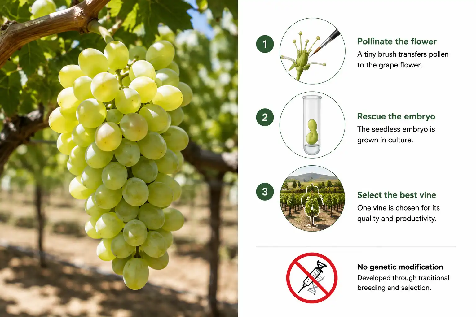 Cotton candy grapes come from a hand pollinated cross and embryo culture rather than genetic engineering, shown as a labeled three step breeding sequence next to a ripe green cluster on the vine