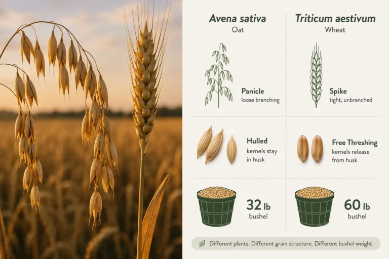 Oats are a separate crop from wheat, shown as a drooping oat panicle next to a tight bearded wheat spike with Avena sativa and Triticum aestivum labels and 32 pound and 60 pound bushel weights