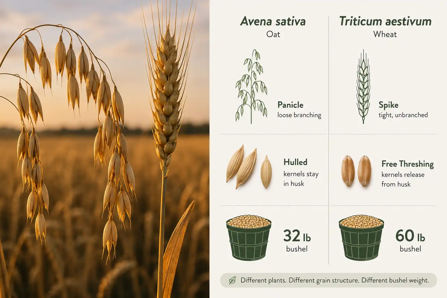 Oats are a separate crop from wheat, shown as a drooping oat panicle next to a tight bearded wheat spike with Avena sativa and Triticum aestivum labels and 32 pound and 60 pound bushel weights