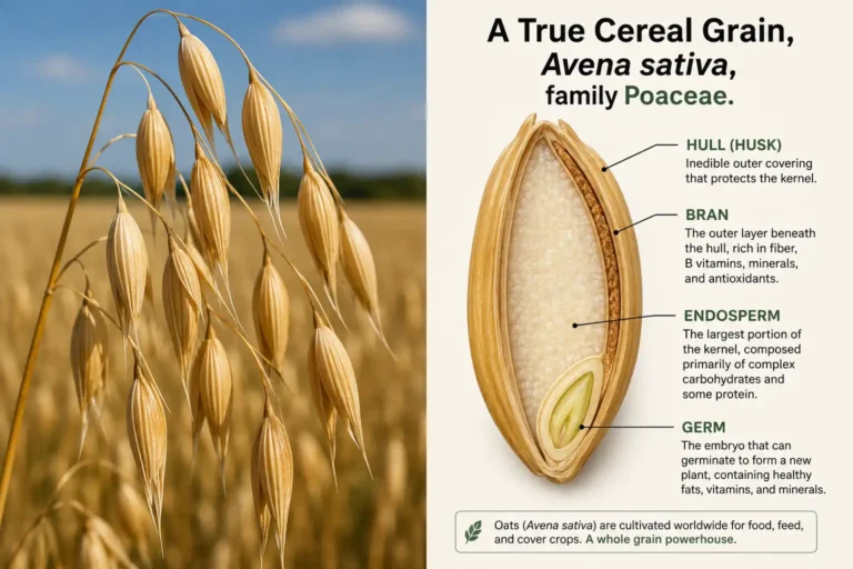 Oats are a true cereal grain from the grass family Poaceae, shown as a ripe field panicle beside a labeled kernel cross section with hull, bran, endosperm, and germ