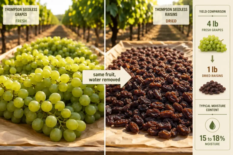 Raisins are grapes with most of their water dried out, shown as green Thompson Seedless grapes turning brown on a drying tray beside a panel noting four pounds of fresh fruit per pound of raisins