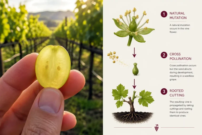 Seedless grapes come from a natural mutation in the grapevine plus conventional cross pollination and rooted cuttings, not from genetic engineering