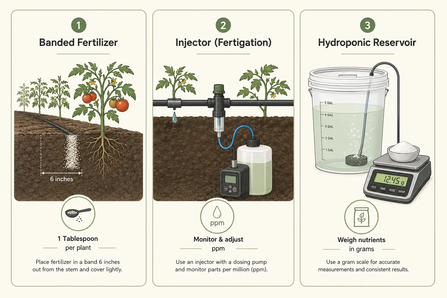 Calcium nitrate goes on three ways, as a band beside the row, as an injected dose through drip, or as a weighed gram dose into a hydroponic reservoir