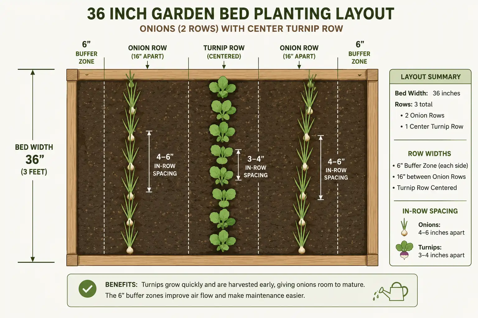 A shared bed uses onion rows 15 to 18 inches apart, one turnip row down the center, and 6 inches of clear soil on each side of the turnips