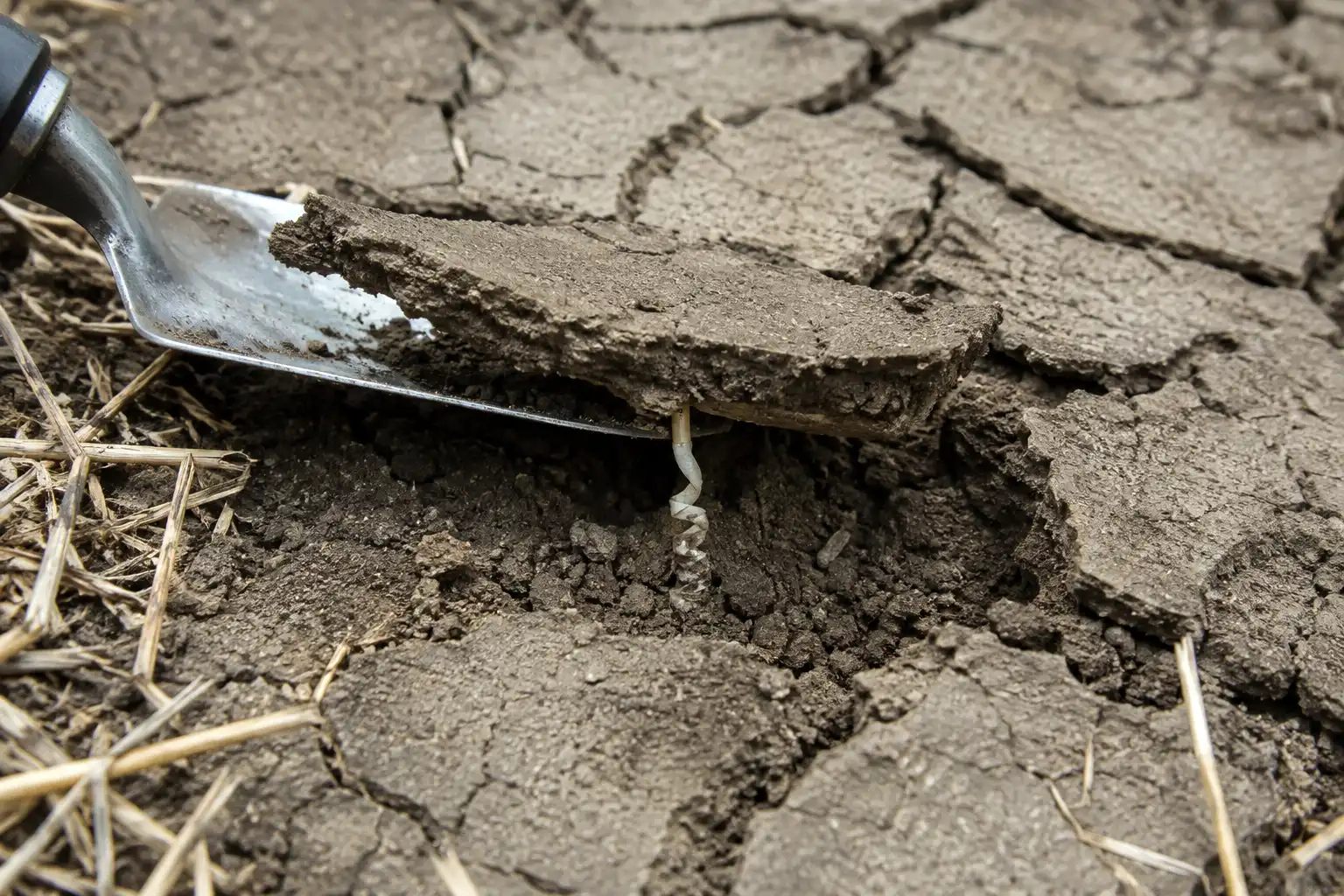 Trowel lifting crusted soil to show a wheat coleoptile folded and trapped below the surface