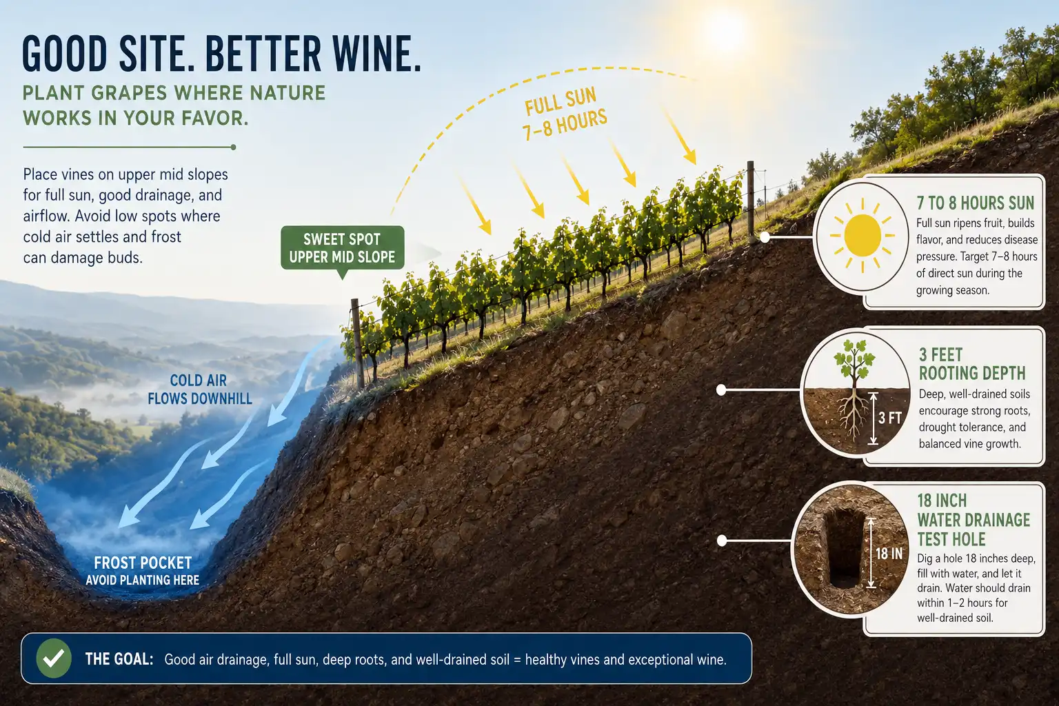 Infographic of where to plant grapes on a slope, with cold air draining away from the vines, full sun exposure, and 3 feet of well drained rooting depth.