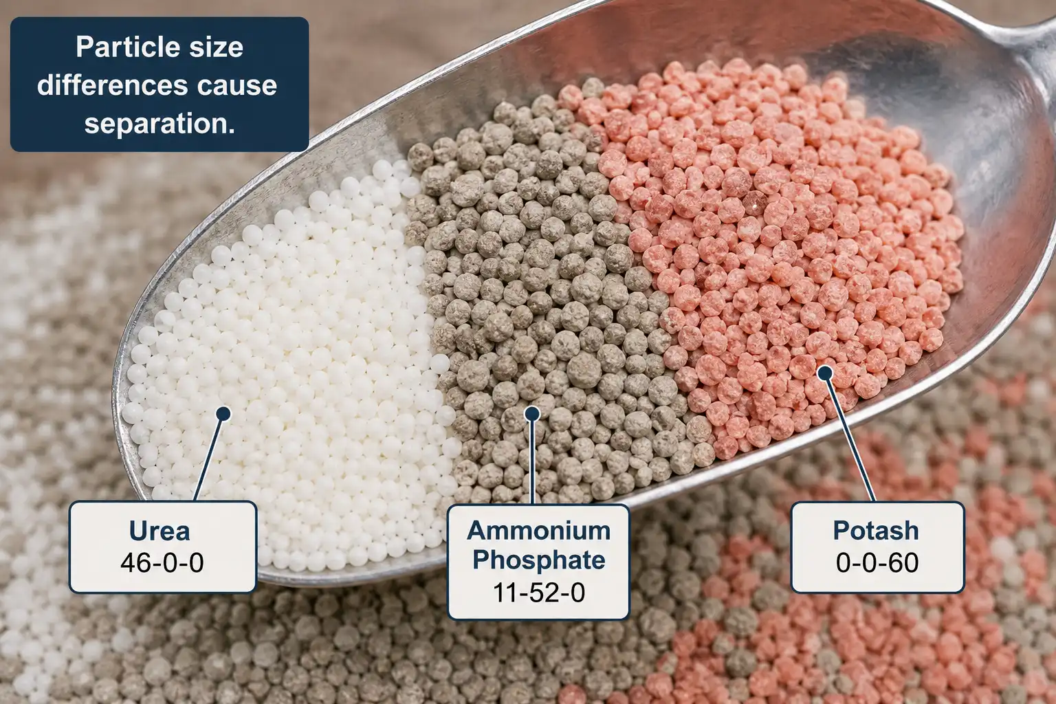 A bulk 19-19-19 blend is a mixture of urea, ammonium phosphate, and potash granules, which can separate in a spinner spreader.