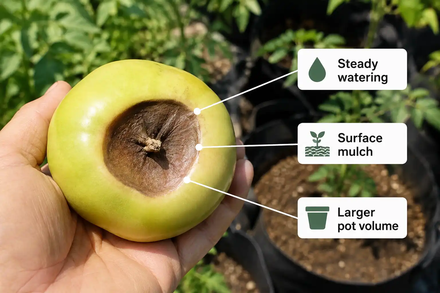 Sunken dark patch at the fruit base caused by interrupted water uptake, with steady watering, mulch, and greater pot volume shown as the corrections
