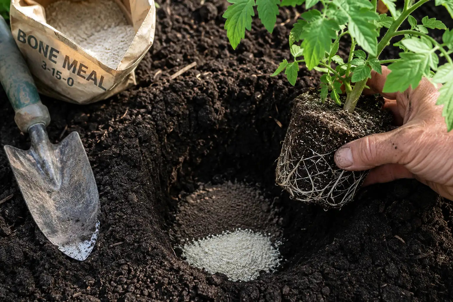 A tablespoon of bone meal blended into the bottom of a tomato planting hole then covered with an inch of plain soil so roots reach it after settling in