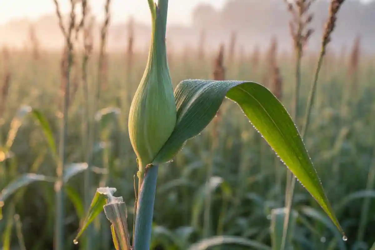 Late boot means the seed head is still swelling inside the flag leaf, which marks the cutting point before quality drops at early head.