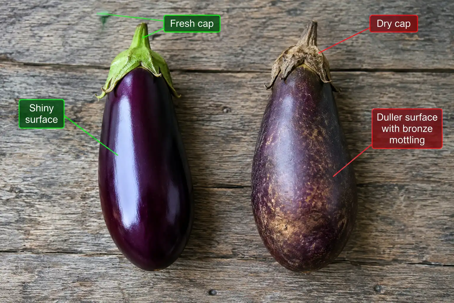 Tight glossy skin and a fresh green calyx mean the fruit is at eating stage, while dull bronzed skin and a dry brown cap mean it is over mature
