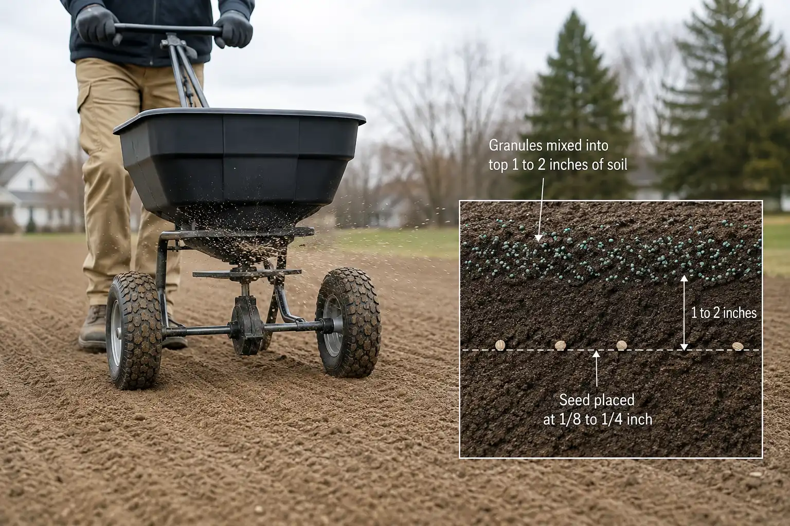 Starter granules go down on a raked seedbed and get worked into the top 1 to 2 inches, with seed covered only 1/8 to 1/4 inch deep