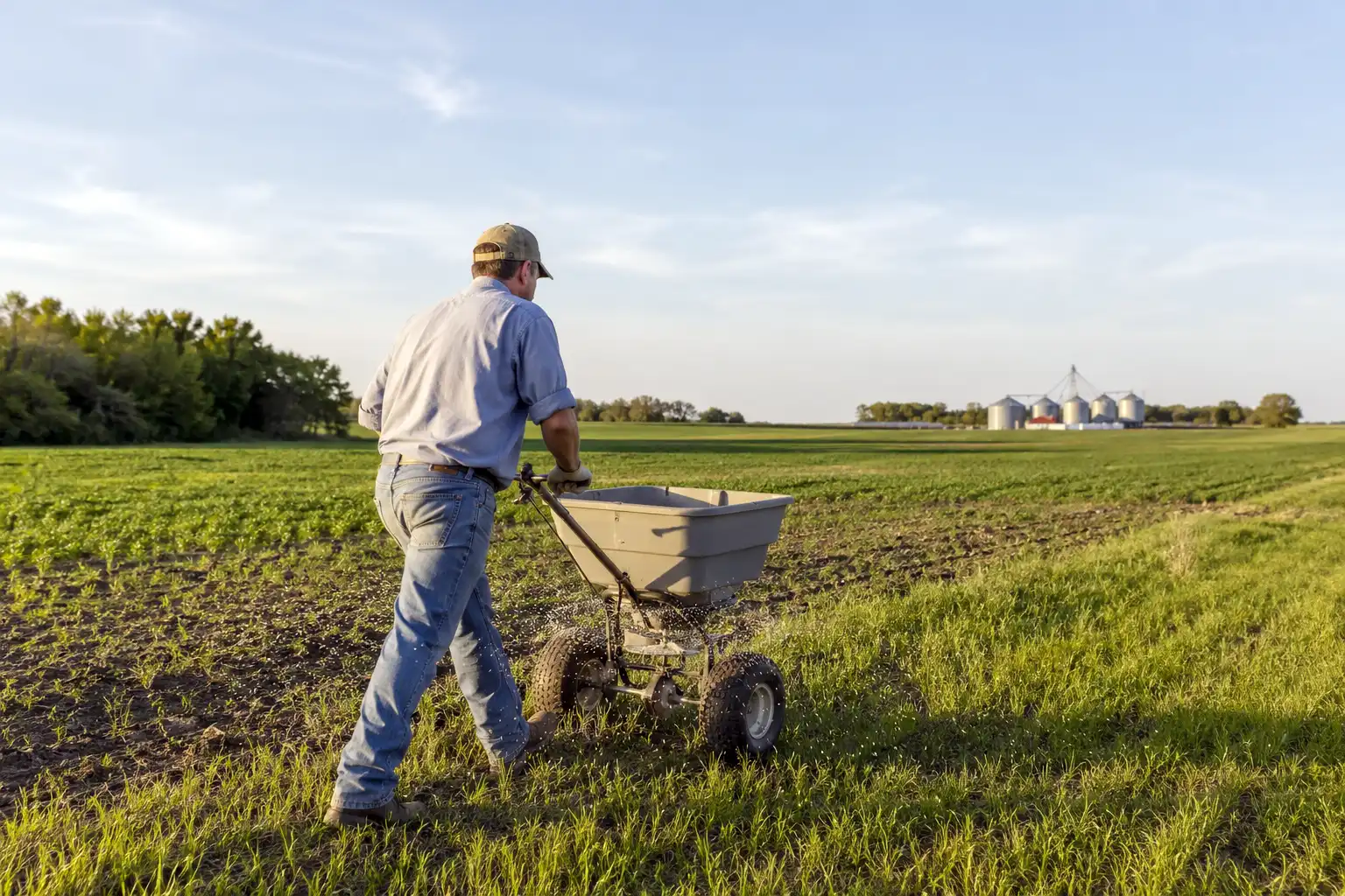 Farmer applying ammonium sulfate granules with a calibrated broadcast spreader on a Kansas field