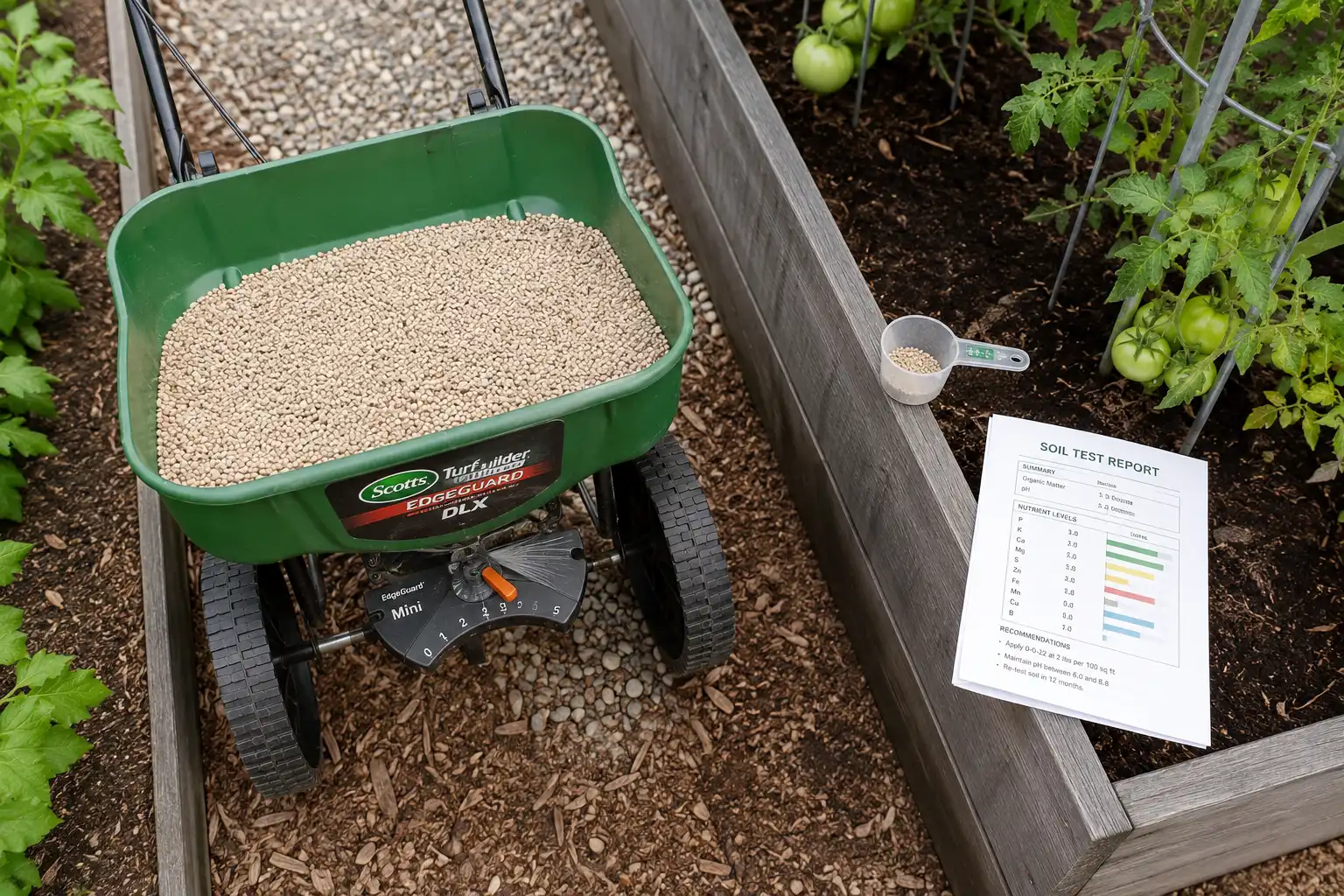 Spread 0-0-22 evenly with a calibrated spreader, work it 2 to 3 inches into the soil, then water in half an inch to start the release