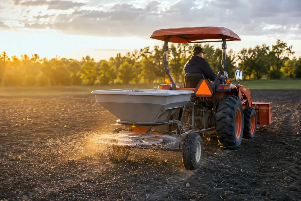 Tractor and broadcast spreader applying granular 19-19-19 fertilizer across tilled ground before incorporation, the placement that avoids seedling burn