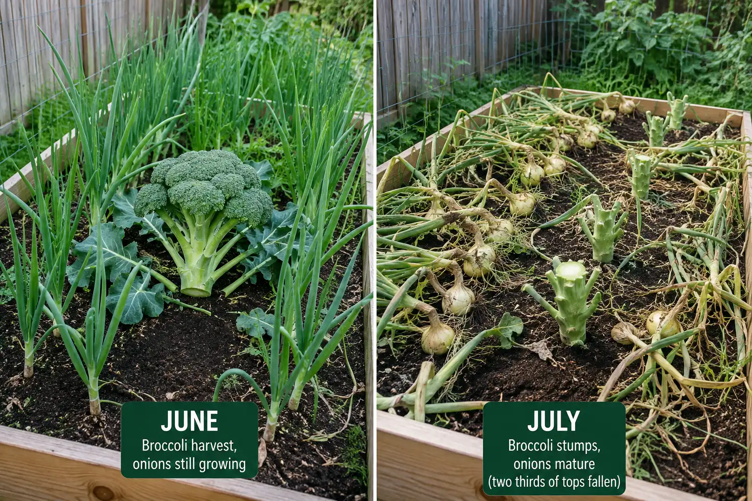 Same raised bed in two stages, broccoli cut at the stalk in June while onions stay green, then July with onion tops fallen over and ready to pull.