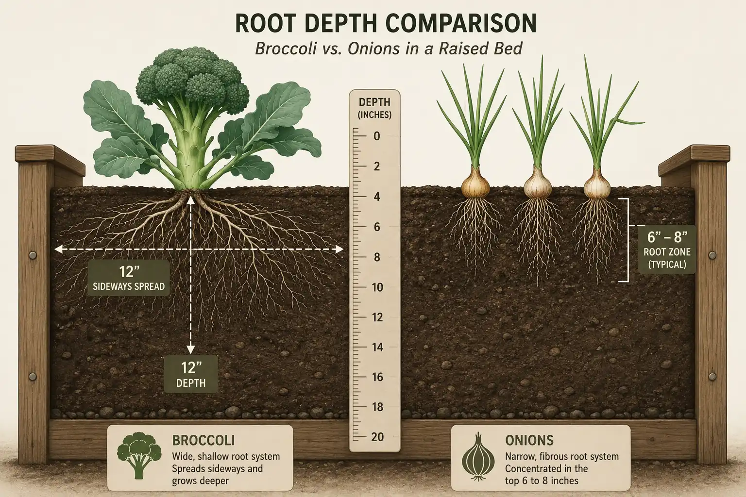 Cross section of soil showing broccoli roots spreading wide and shallow while onion roots stay narrow and sit in the top 6 to 8 inches.