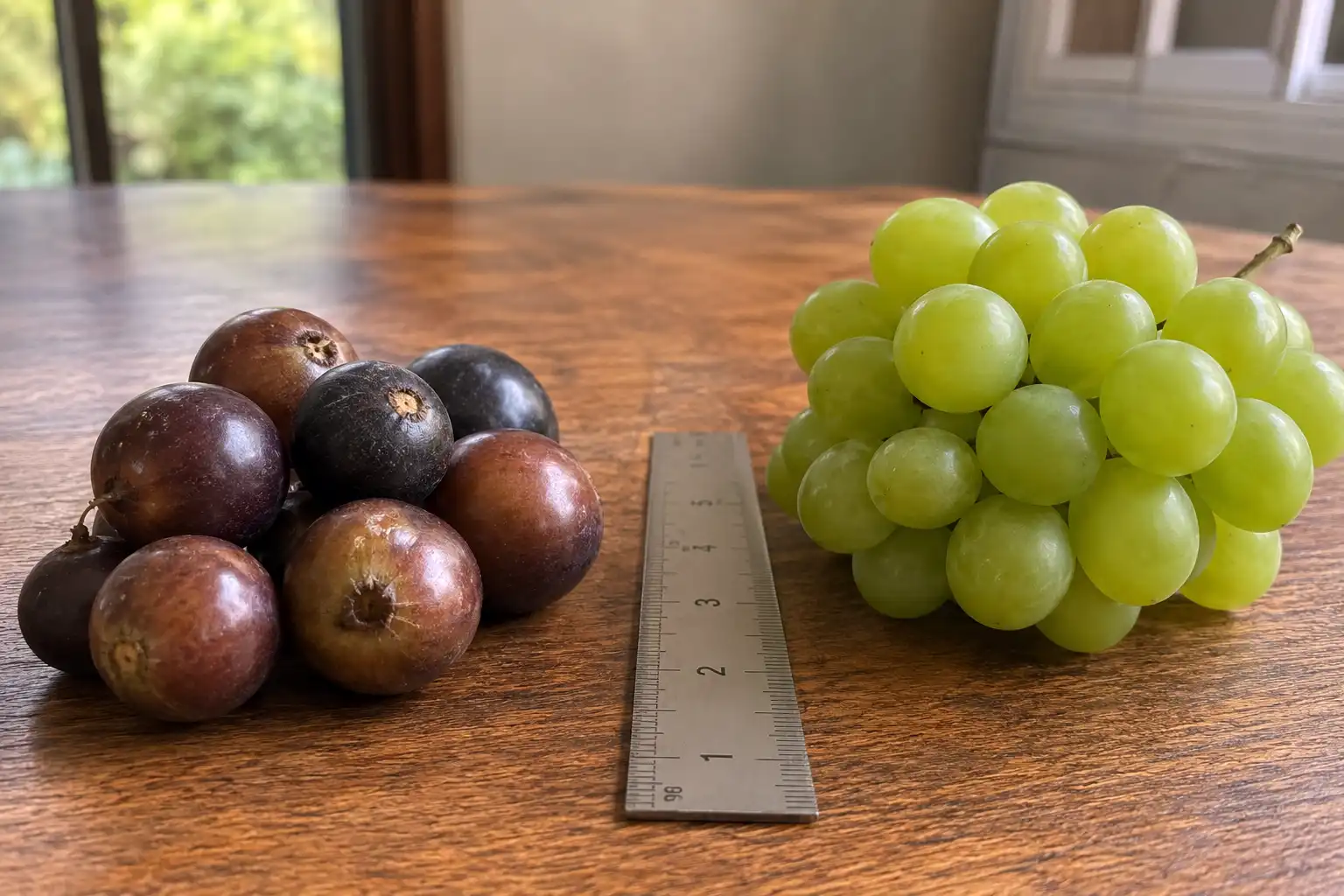 Muscadines carry thick tannic hulls and reach 14 to 17 percent soluble solids, below the 18 to 22 Brix of specialty table grapes